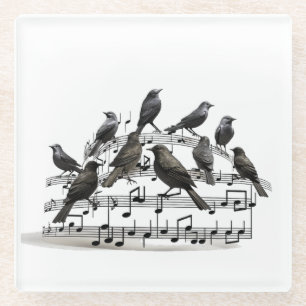 Posavasos De Vidrio Pájaros Cantores 3D en Pentagrama Giratorio