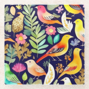 Posavasos De Vidrio Pájaros coloridos con motivos florales de decoraci