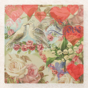 Posavasos De Vidrio Pájaros de Amor Vintage Antiguo Corazón