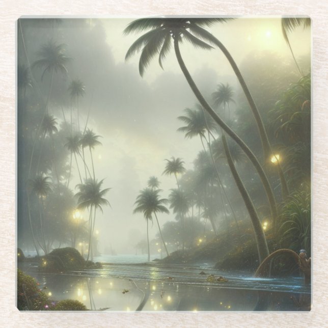 Posavasos De Vidrio Palm Trees y Ocean Foggy Day (Anverso)