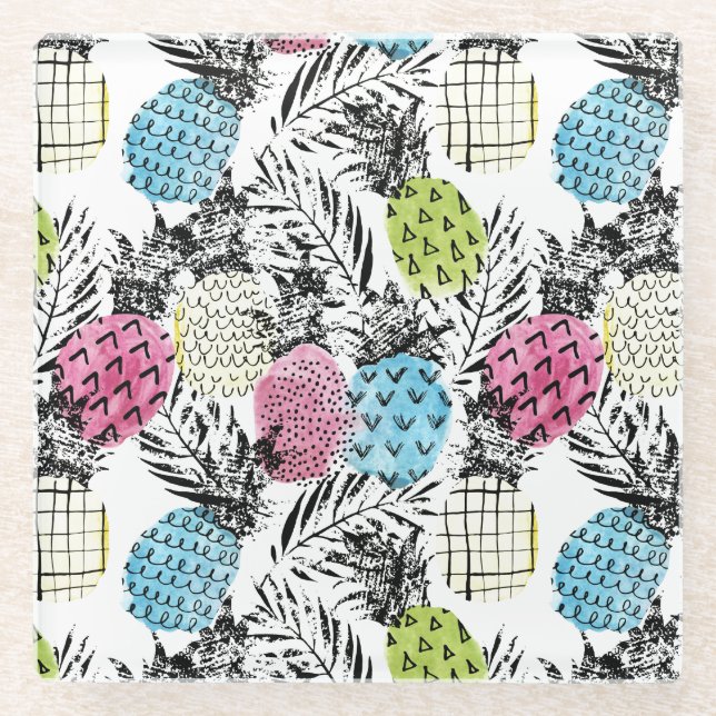 Posavasos De Vidrio Palmas del Grunge de la piña (Anverso)