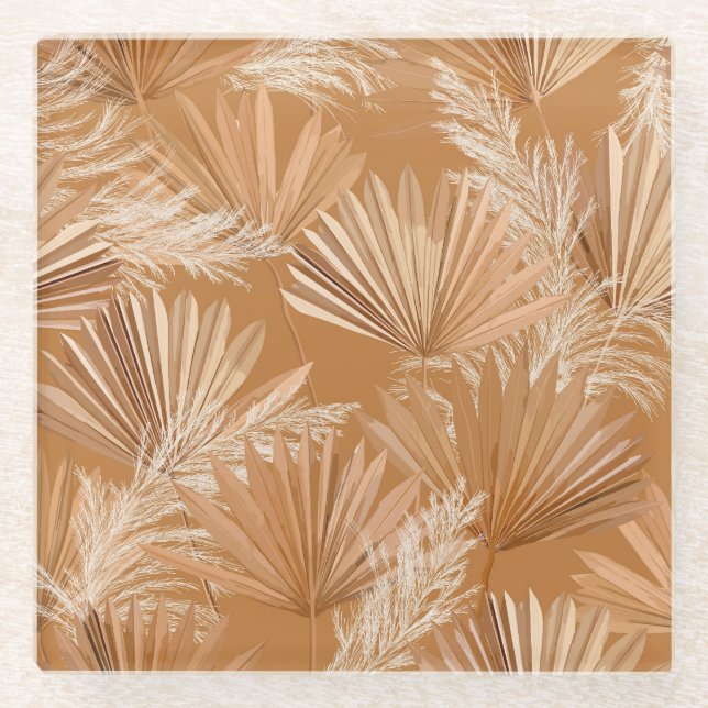 Posavasos De Vidrio Palmas secas tropicales: boho acuarela. (Anverso)