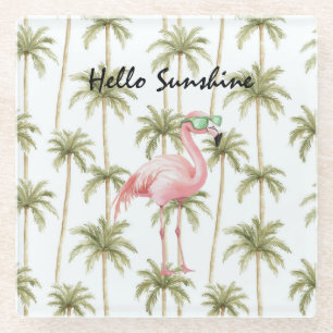 Posavasos De Vidrio Palmeras Flamingo Rosas