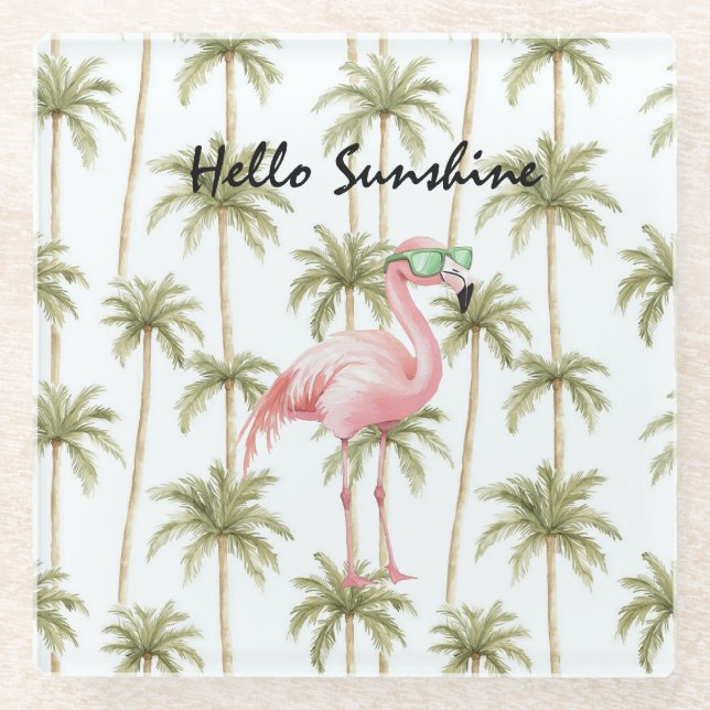 Posavasos De Vidrio Palmeras Flamingo Rosas (Anverso)