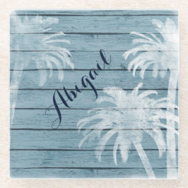 Posavasos De Vidrio Palmeras personalizadas en playa de madera rústica