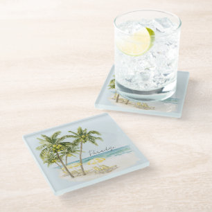 Posavasos De Vidrio Palmeras Tropicales Océano Paraguas Amarillos