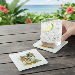 Posavasos De Vidrio Palmeras verdes con trópicos de color agua de coco