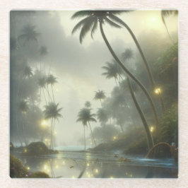 Posavasos De Vidrio Palmeras y niebla del océano día brumoso