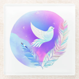 Posavasos De Vidrio Paloma blanca con plumas rosas y azules