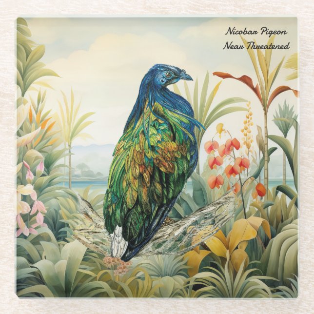 Posavasos De Vidrio Paloma de Nicobar Pintada A Mano Dramática (Anverso)