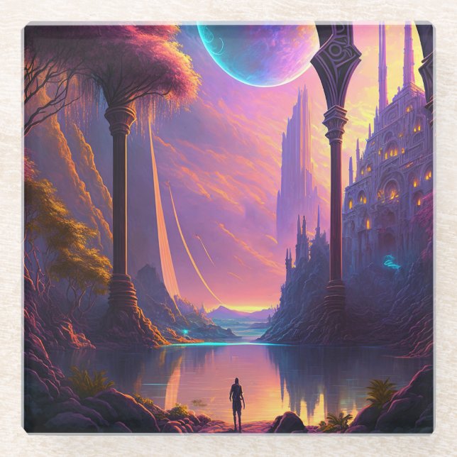 Posavasos De Vidrio Panorama de ciencia ficción fantástica (Anverso)