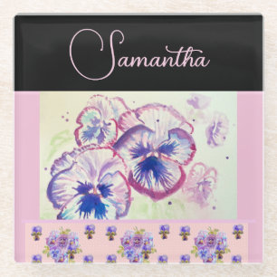 Posavasos De Vidrio Pansy rosa Pansies acuarela Flor Flor Arte floral