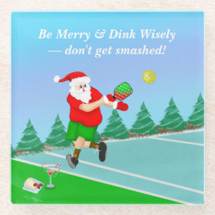 Posavasos De Vidrio Papá Noel Divertido Jugando Pickleball Merry Volle