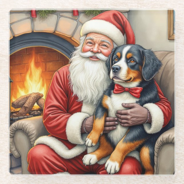 Posavasos De Vidrio Papá Noel sosteniendo un perro de montaña de Berna (Anverso)