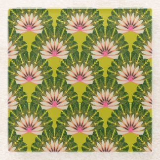 Posavasos De Vidrio Papel estilizado de loto: rosa, verde.
