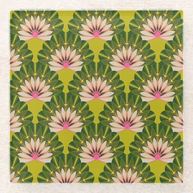 Posavasos De Vidrio Papel estilizado de loto: rosa, verde. (Anverso)
