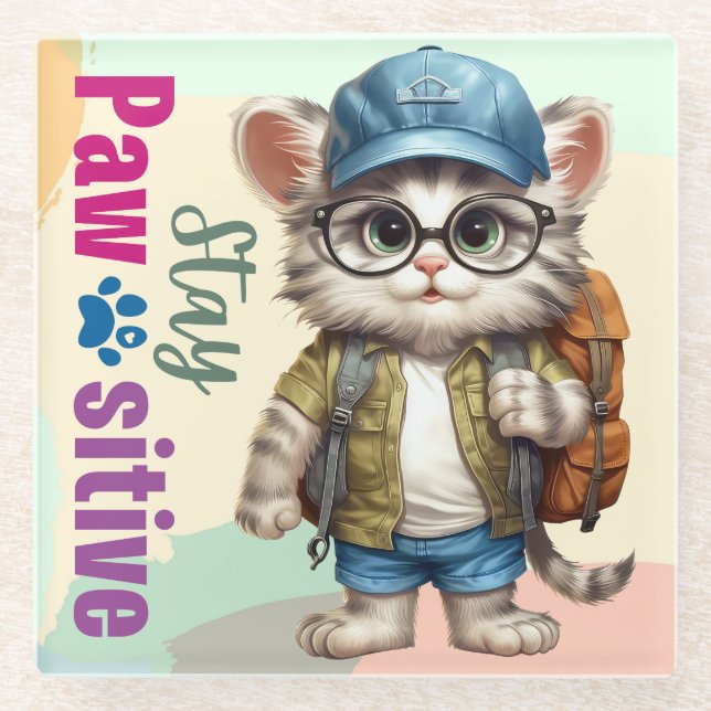 Posavasos De Vidrio Paquete de mochila para el gato con patas de segur (Anverso)