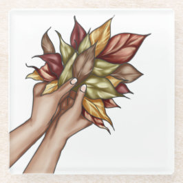 POSAVASOS DE VIDRIO PAR DE MANOS SOSTENIENDO HOJAS DE OTOÑO
