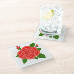 Posavasos de vidrio para bebidas con rosa roja y c