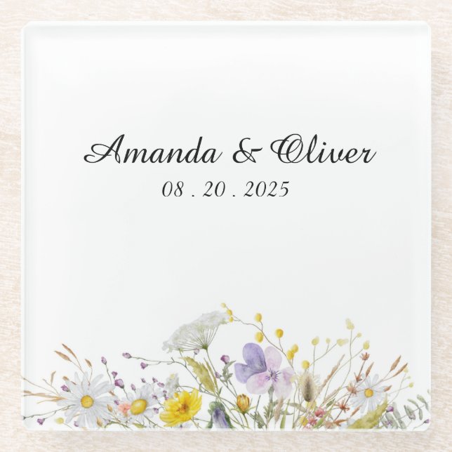 Posavasos de vidrio para boda de floración primave (Anverso)