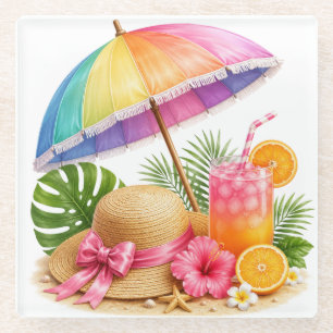 POSAVASOS DE VIDRIO PARAGUAS DE PLAYA ARCOÍRIS SOMBRERO BEBIDA FRUTAS