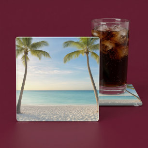 Posavasos De Vidrio Paraíso de la playa de palmeras tropicales