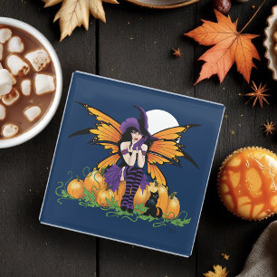 Posavasos De Vidrio Parche de Calabaza de Hada de Halloween Lindo Gato