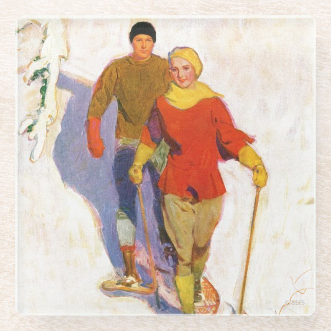 Posavasos De Vidrio Pareja con zapatos de nieve de McClelland Barclay (Anverso)