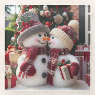 Posavasos De Vidrio Pareja de Nieve navidad