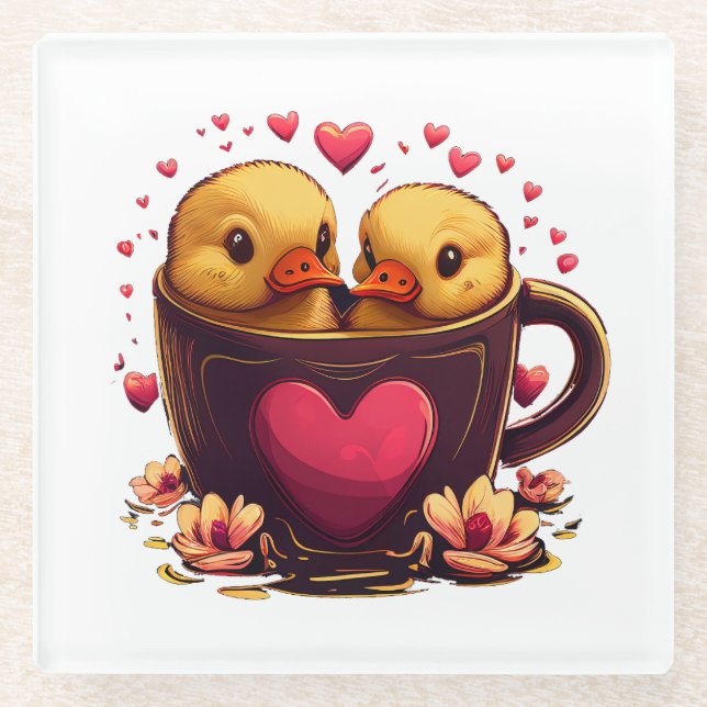 Posavasos De Vidrio Pareja de pato romántica, El día de San Valentín (Anverso)