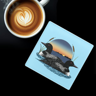Posavasos De Vidrio Pareja de somormujos Lago Azul al atardecer Fauna 