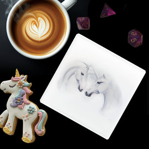 Posavasos De Vidrio Pareja de Unicornios Blancas Elegantes Fantasía Ro
