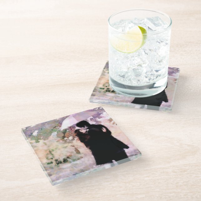 Posavasos De Vidrio Pareja enamorada besándose en la lluvia abstracto  (Angular)