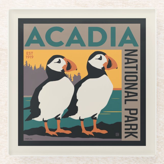 Posavasos De Vidrio Parque nacional Acadia, Maine | Puffins (Anverso)