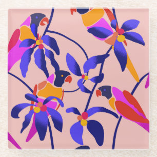 Posavasos De Vidrio Parrotos Vintage rosados: Ilustracion exótico sin