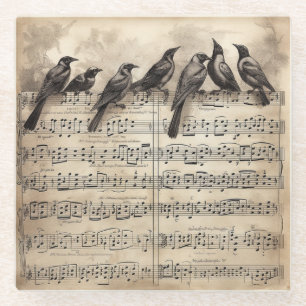Posavasos De Vidrio Partitura Musical de Pájaros Cantores Vintage