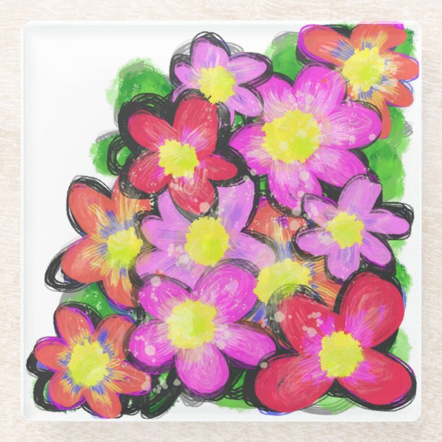 Posavasos De Vidrio Pascua de flores rosadas pintadas (Anverso)