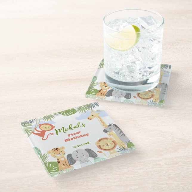 Posavasos De Vidrio Pascua el primer cumpleaños con animales lindos. (Angular)