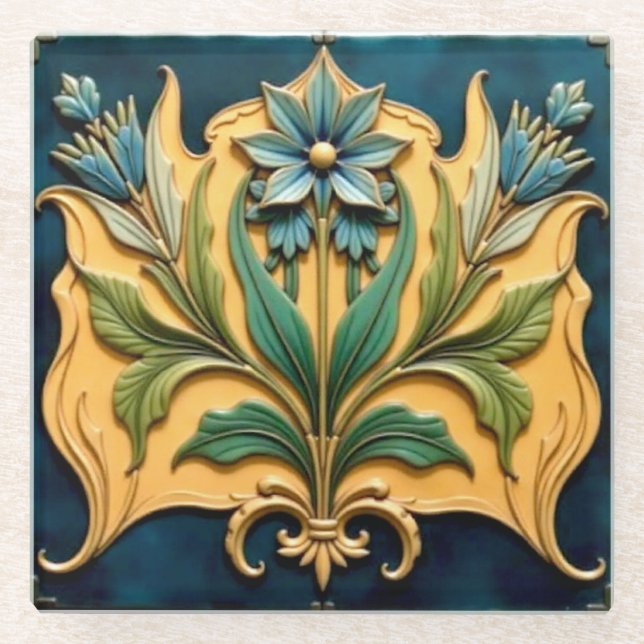Posavasos De Vidrio Pascua floral azul Art Nouveau (Anverso)