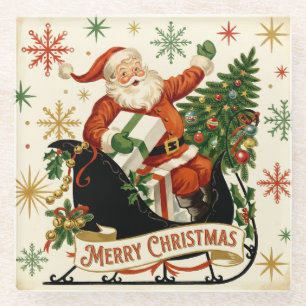 Posavasos De Vidrio Paseo en Trineo de Santa Claus Vintage Navideño Al