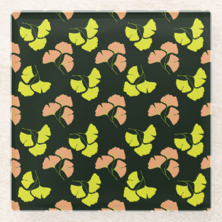 Posavasos De Vidrio Pastel-Neon Ginko Leaves on Black Background