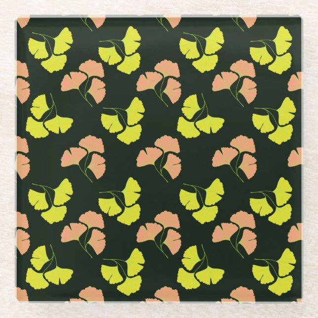 Posavasos De Vidrio Pastel-Neon Ginko Leaves on Black Background (Anverso)