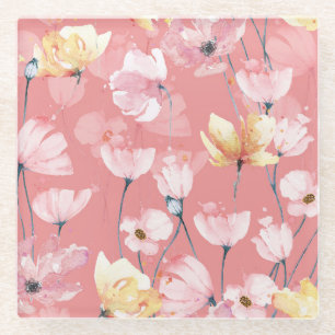 Posavasos De Vidrio Pastel Poppies: Floral acuarela sin soldadura.