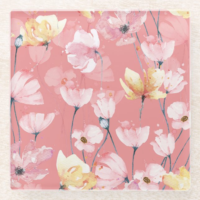 Posavasos De Vidrio Pastel Poppies: Floral acuarela sin soldadura. (Anverso)