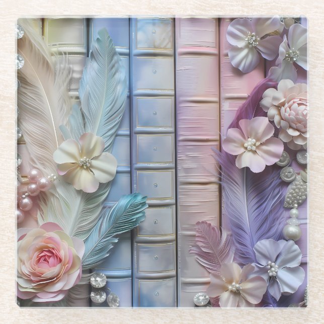 POSAVASOS DE VIDRIO PASTEL STACK OF LIBOKS FLOWERS FEATHERS (Anverso)