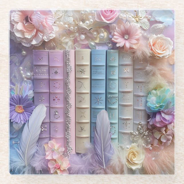 POSAVASOS DE VIDRIO PASTEL STACK OF LIBOKS FLOWERS FEATHERS (Anverso)