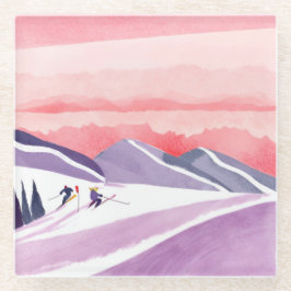 Posavasos De Vidrio Pastel Watercolor Ski Mountain Sunset