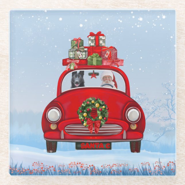 Posavasos De Vidrio Pastor Alemán Negro En Coche Con Santa Claus (Anverso)