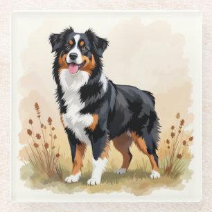 Posavasos De Vidrio Pastor Australiano Negro Tricolor Perro Aussie