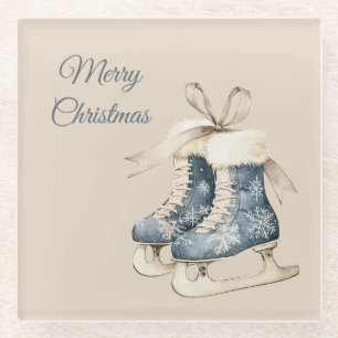 Posavasos De Vidrio Patines de hielo copos de nieve azules
